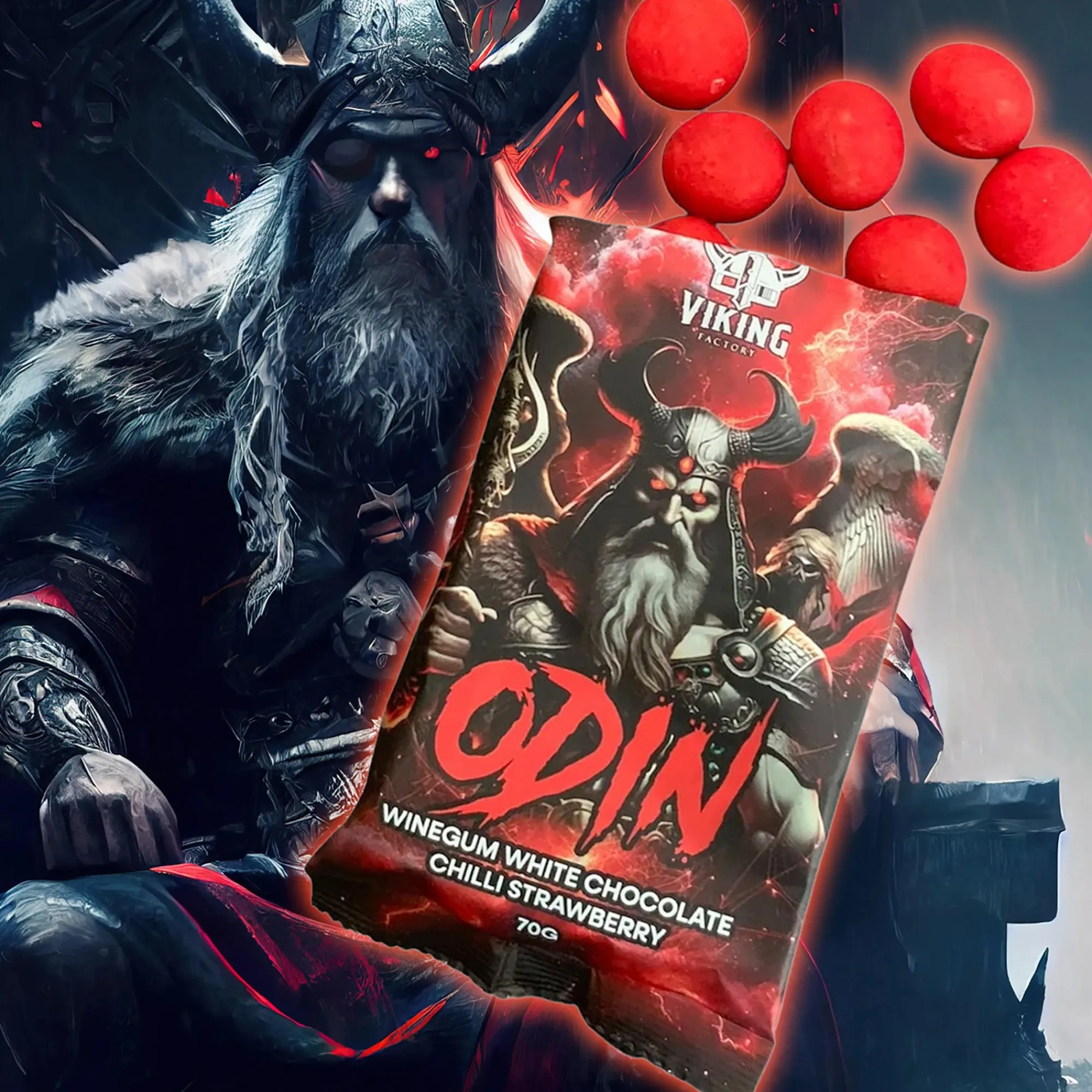 Viking Odin - Erdbeer Weingummi mit Weißer Schokolade und Chili Sale
